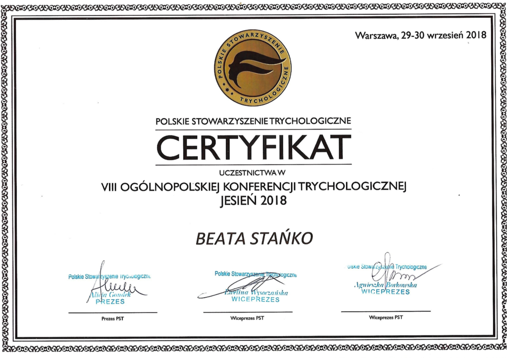 Certyfikat - Polskie Stowarzyszenie Trychologiczne