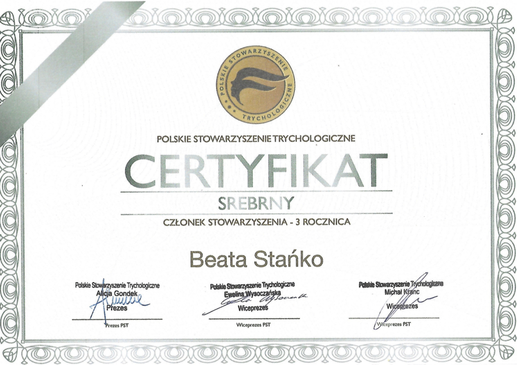Certyfikat Srebrny - Polskie Stowarzyszenie Trychologiczne ​