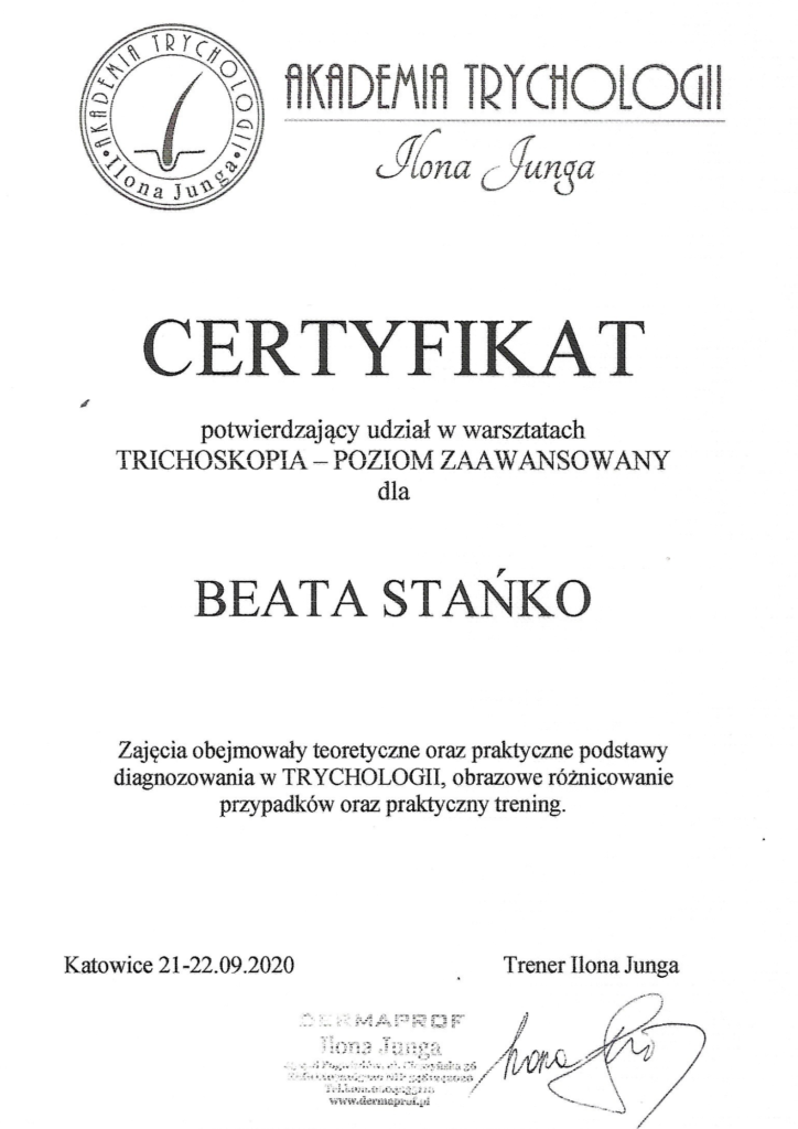 Certyfikat - Akademia Trychologiczna Ilona Junga