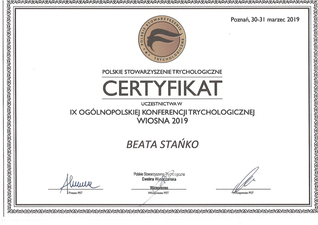Certyfikat - Polskie Stowarzyszenie Trychologiczne​