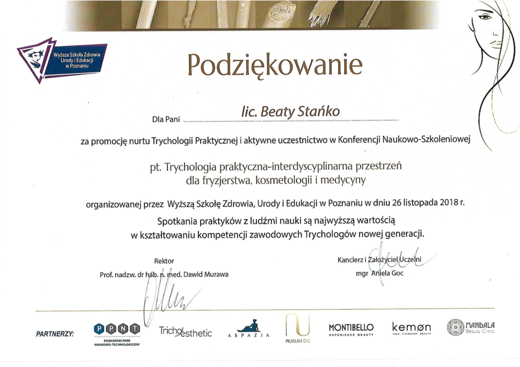 Podziękowanie - Wyższa Szkoła Zdrowia Urody i Edukacji w Poznaniu ​