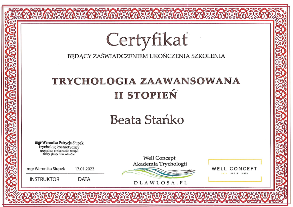 Certyfikat - Well Concept Akademia Trychologii